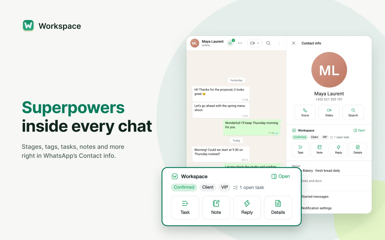Workspace inside a WhatsApp Web chat: the contact’s stage, tags and open task in Contact info, with Task, Note, Reply and Details buttons. Demonstration data.