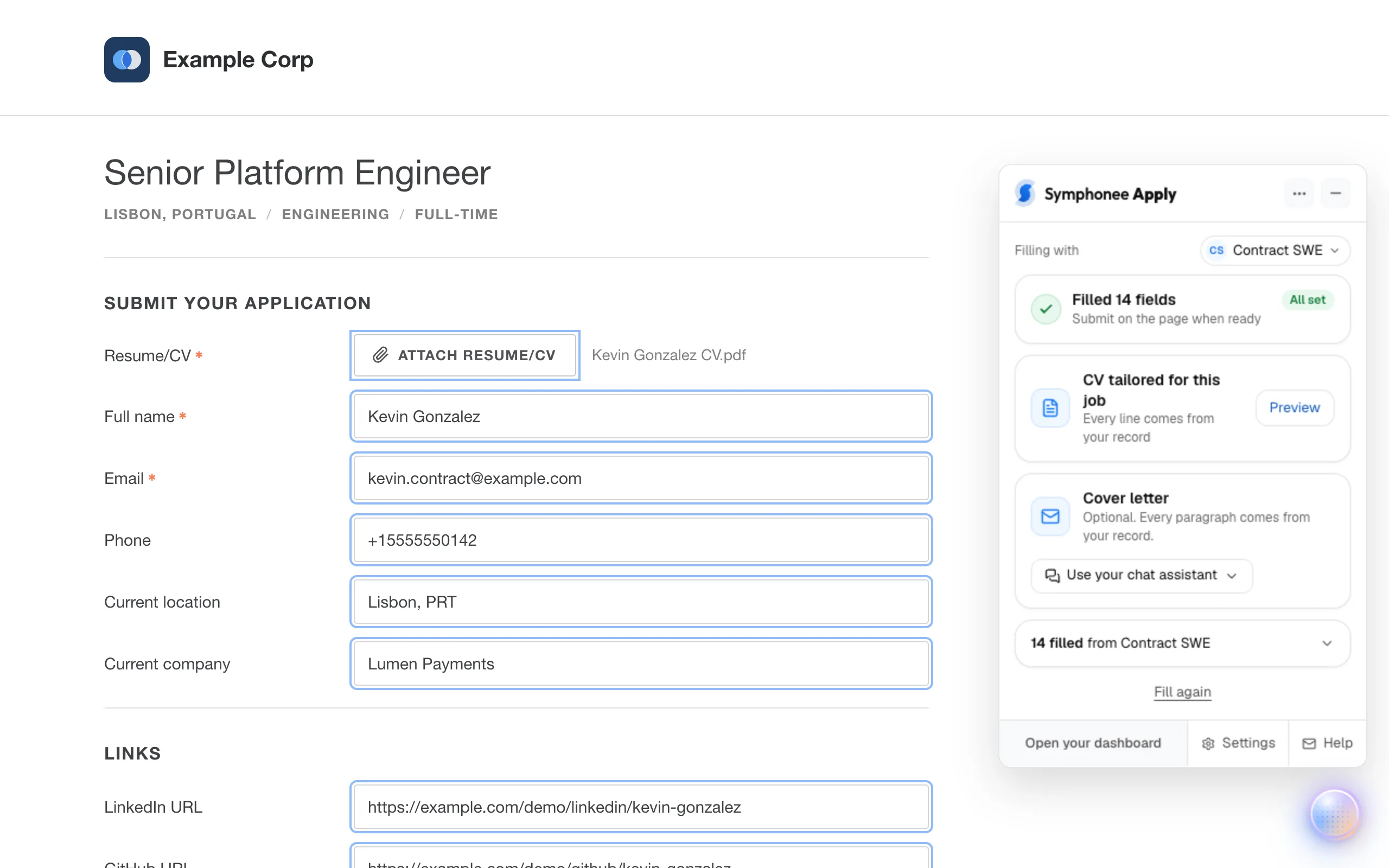 A Lever application form filled by Symphonee Apply with Kevin Gonzalez’s Contract SWE profile, its fields highlighted and the resume attached, beside the Apply dock showing 14 fields filled, All set, the resume tailored for this job and a cover letter. Demonstration data.