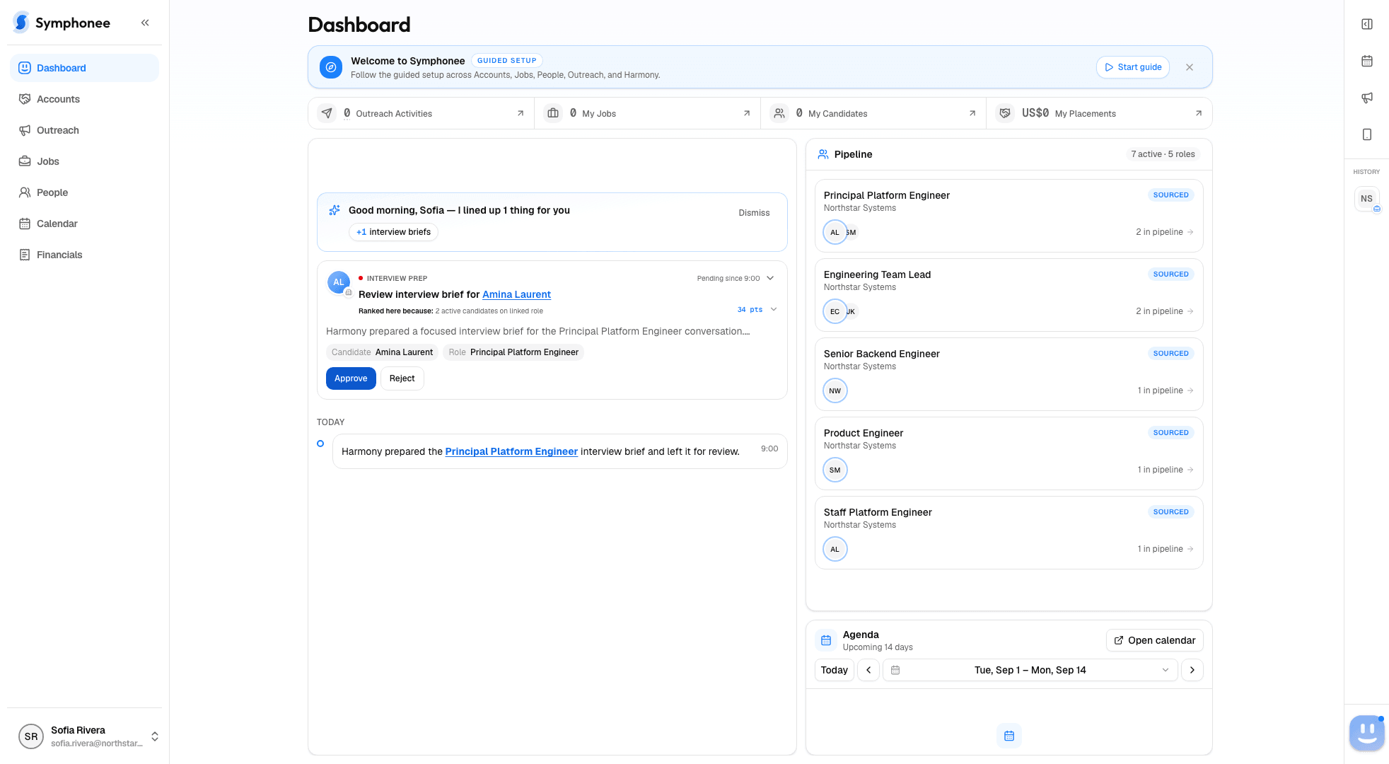 Symphonee dashboard with the main navigation, Harmony interview preparation, recruiting pipeline, and agenda.
